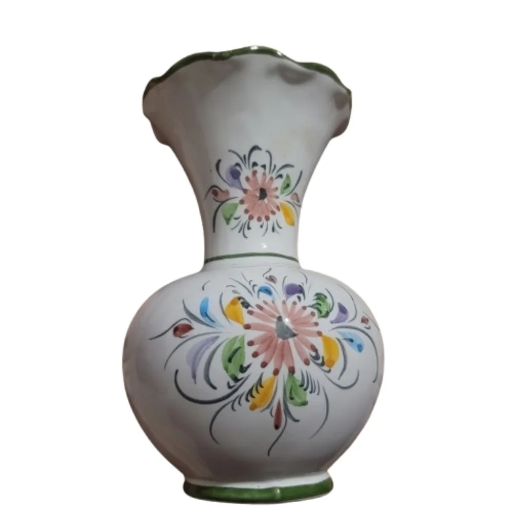 Portuguese Hand Painted Decorative Floral Vase green trim multicolor flowers